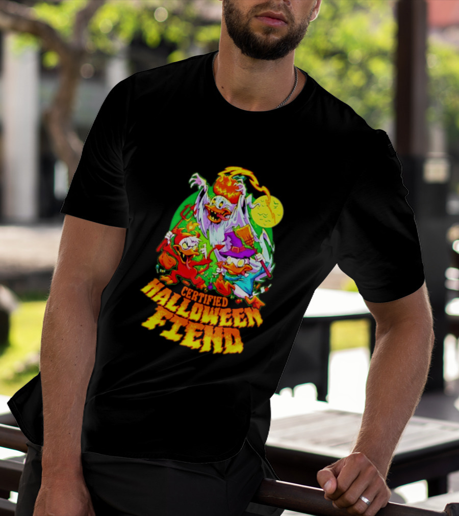 Certified Halloween Fiend Donald Duck Huey Dewey Louie Ghost Witch Devil Moon Scene T-Shirt