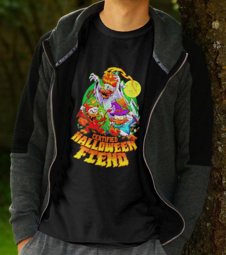 Certified Halloween Fiend Donald Duck Huey Dewey Louie Ghost Witch Devil Moon Scene T-Shirt