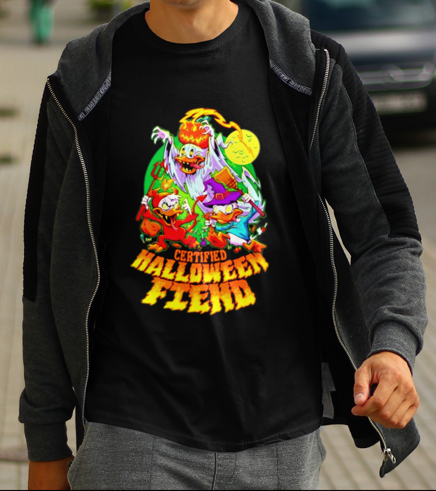 Certified Halloween Fiend Donald Duck Huey Dewey Louie Ghost Witch Devil Moon Scene T-Shirt