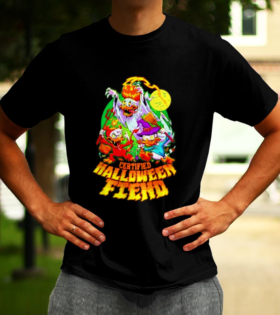 Certified Halloween Fiend Donald Duck Huey Dewey Louie Ghost Witch Devil Moon Scene T-Shirt