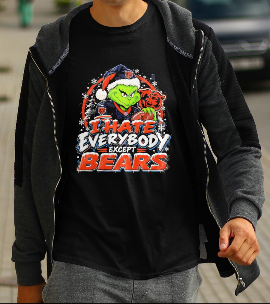 Chicago Bears Grinch I Hate Everybody Except Bears Fans Christmas Holiday T-Shirt