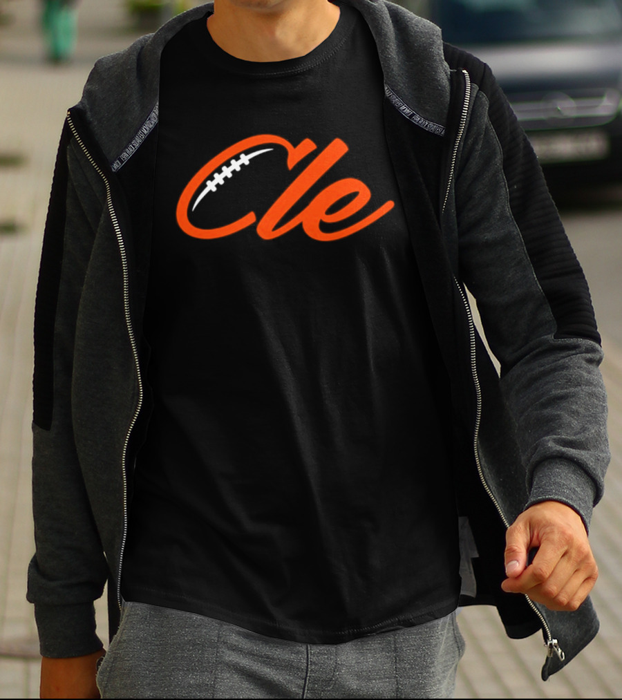 Cleveland Browns Cle Football Team Cle Script Text With Football Stitching T-Shirt