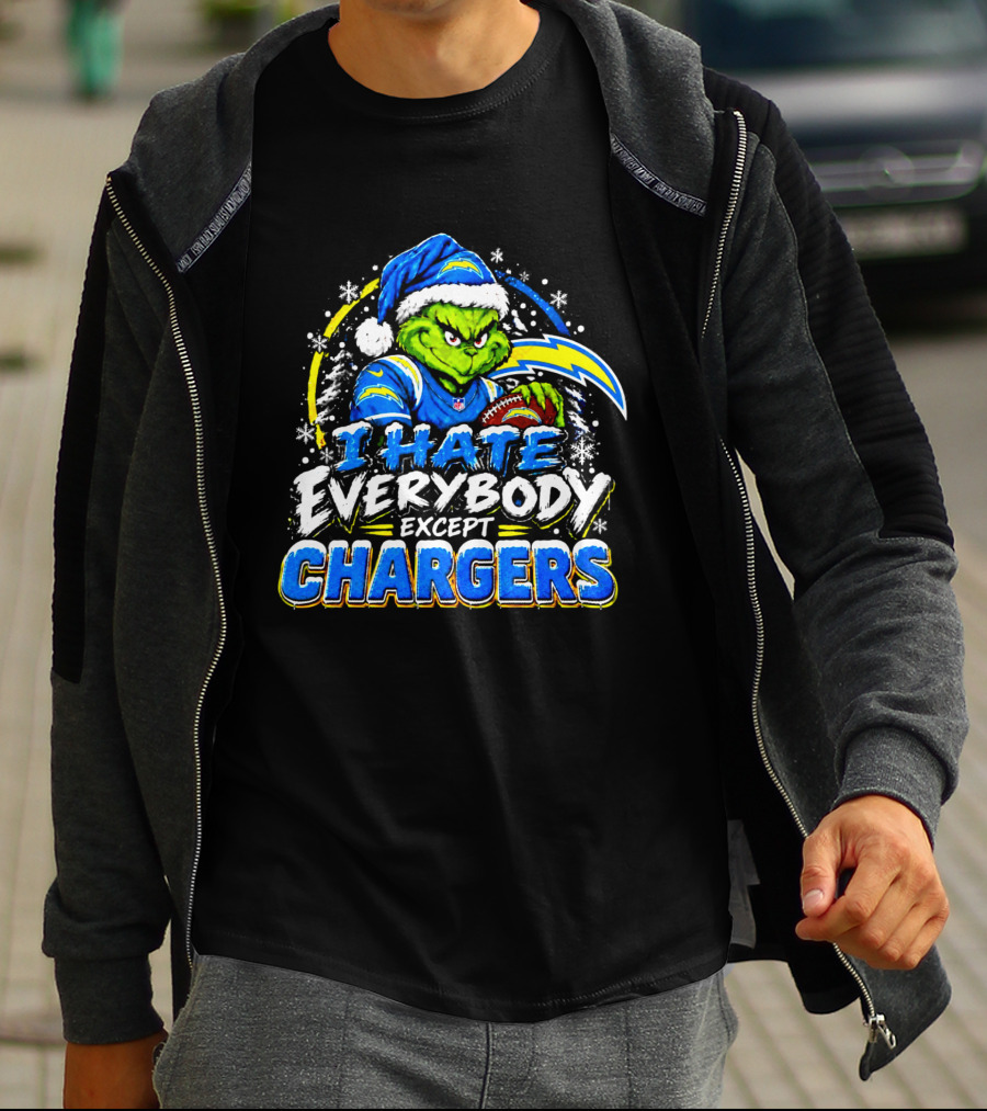 Los Angeles Chargers Grinch Christmas I Hate Everybody Except Chargers Fans Holiday T-Shirt