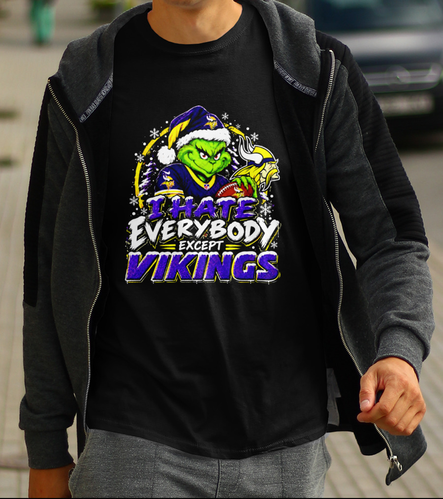 Minnesota Vikings Grinch I Hate Everybody Except Vikings Fans Christmas Holiday T-Shirt