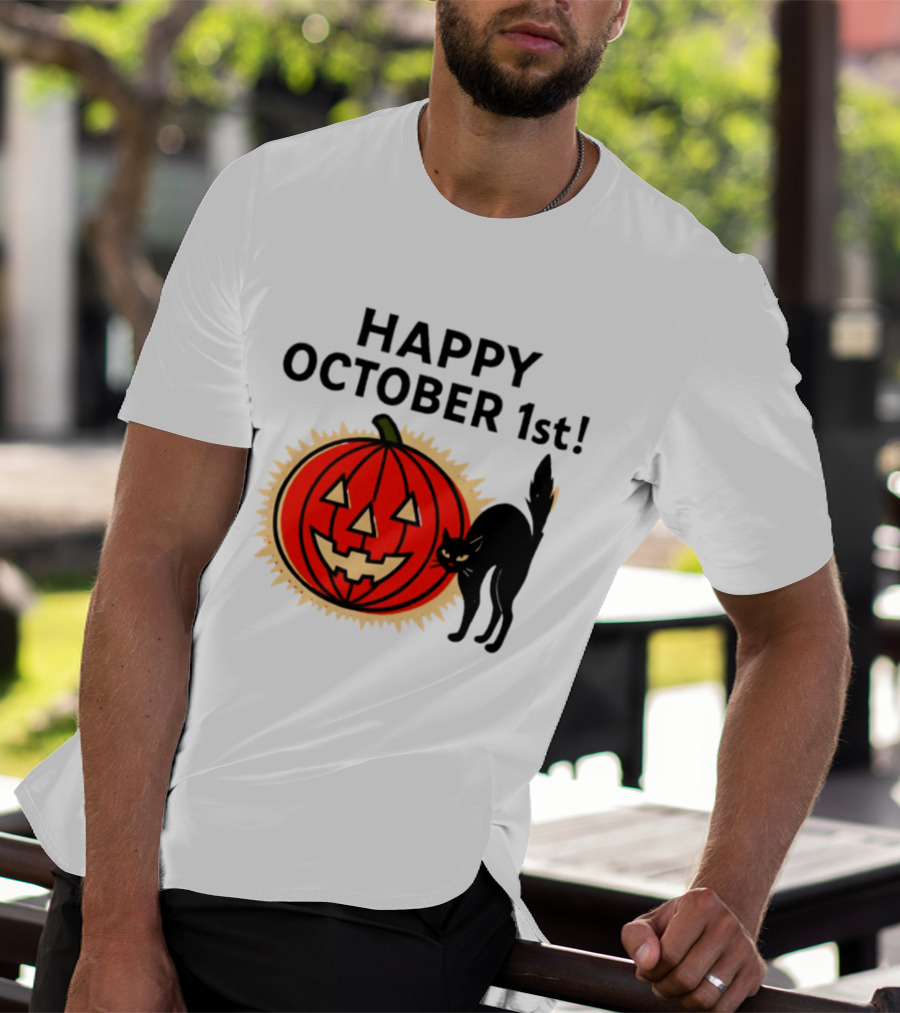 Happy October 1st Pumpkin Black Cat Halloween Celebration T-Shirt