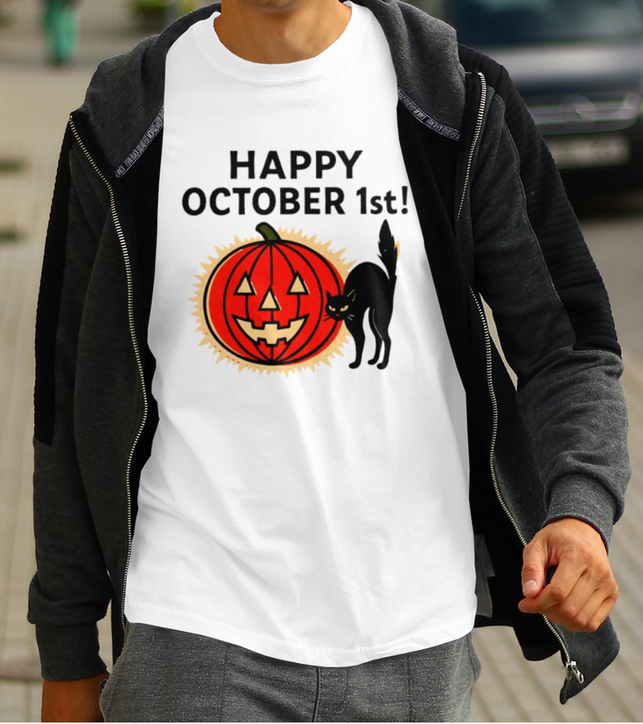 Happy October 1st Pumpkin Black Cat Halloween Celebration T-Shirt