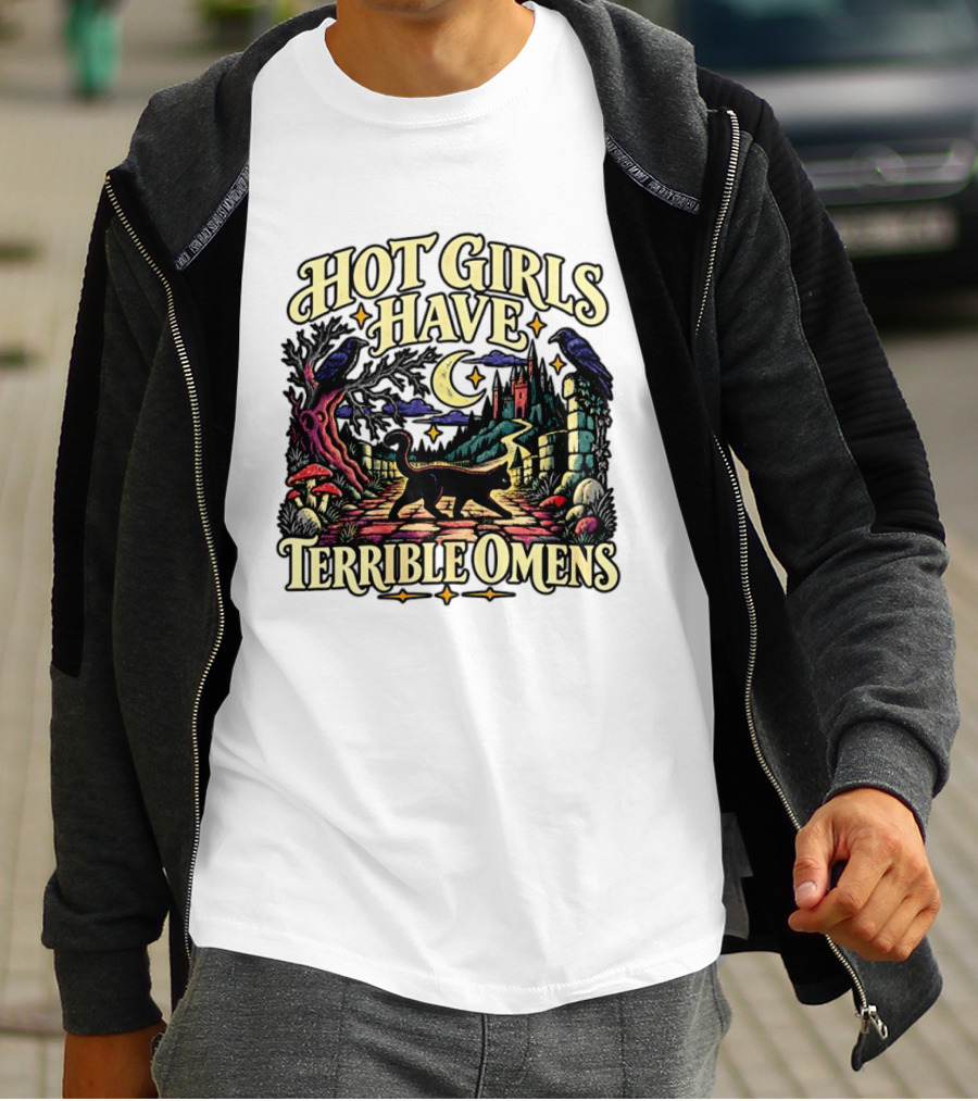 Hot Girls Have Terrible Omens Gothic Cat Halloween Scene T-Shirt