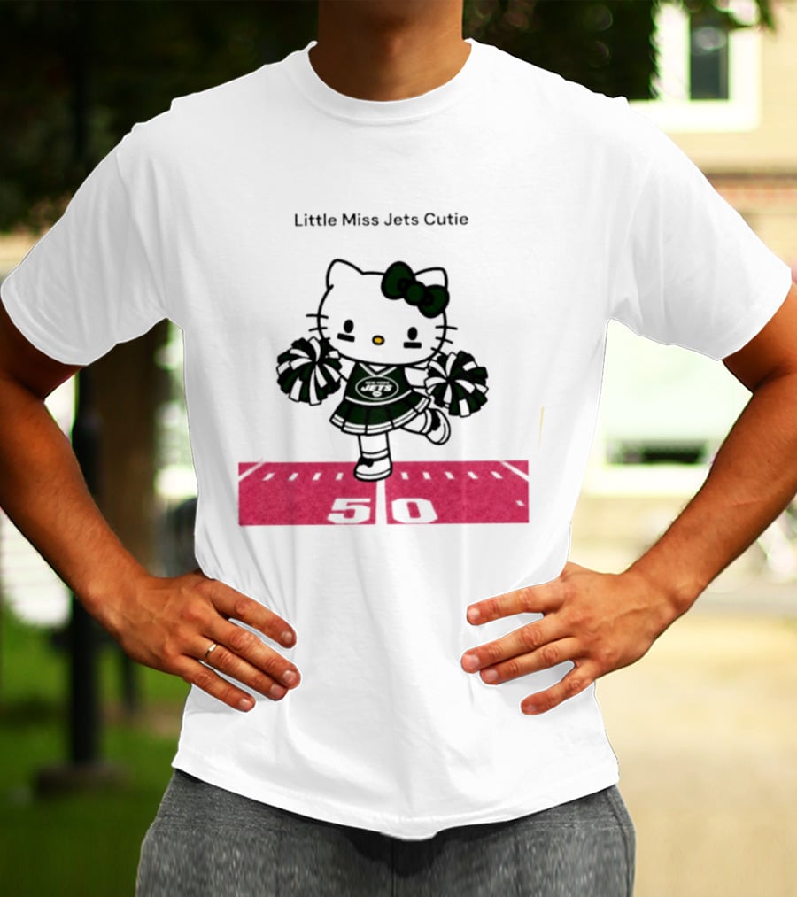 New York Jets Hello Kitty Little Miss Cutie Football Cheerleader On 50 Yard Line T-Shirt