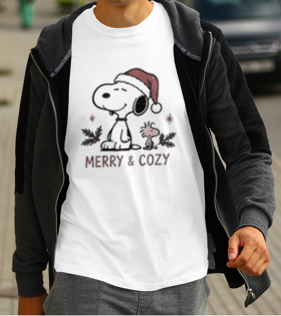 Merry & Cozy Snoopy Christmas Club Holiday Santa Hat And Holly T-Shirt