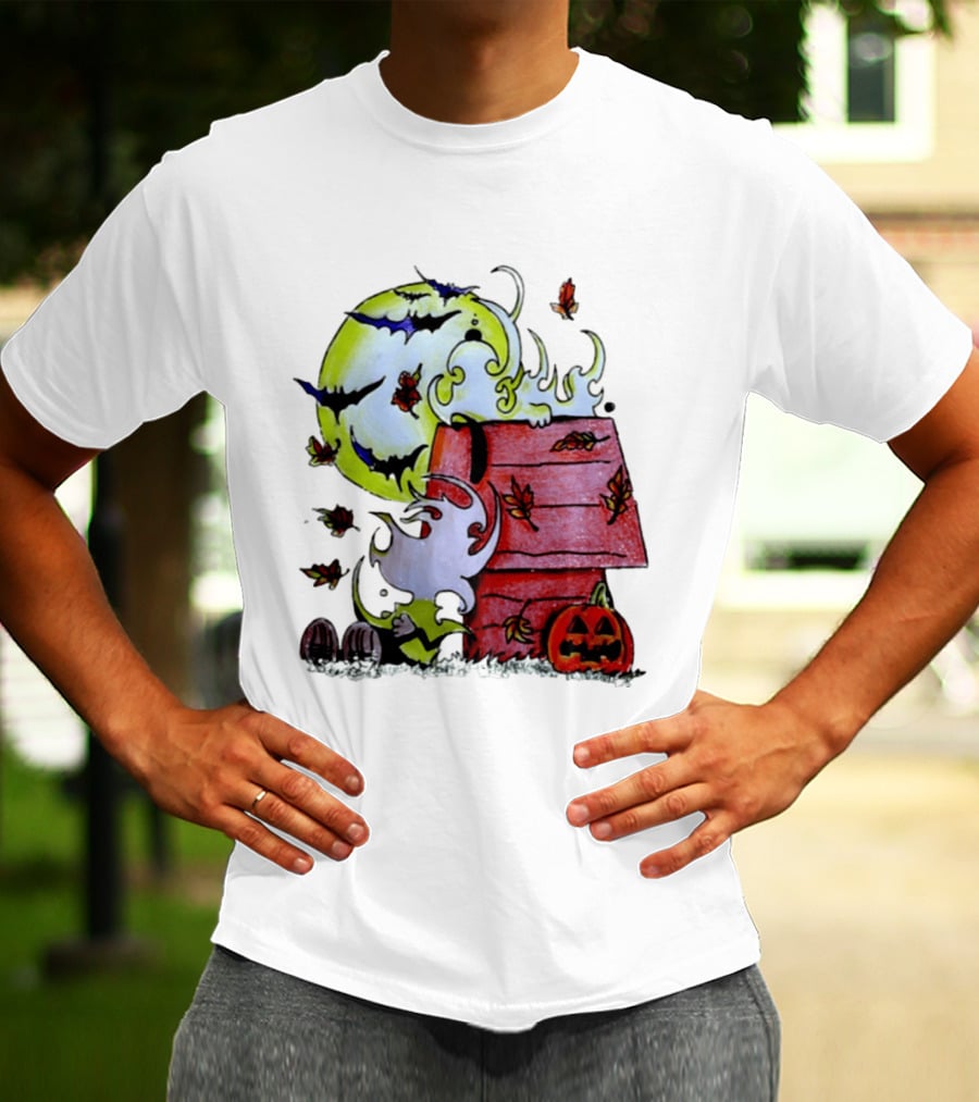 Snoopy Halloween Peanuts Moon Pumpkin Bats And Leaves T-Shirt