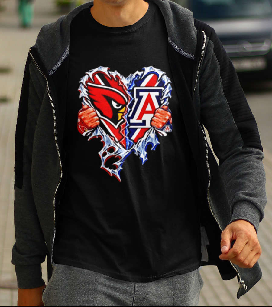 Arizona Cardinals And Wildcats Ripped Heart Dual Team Spirit T-Shirt