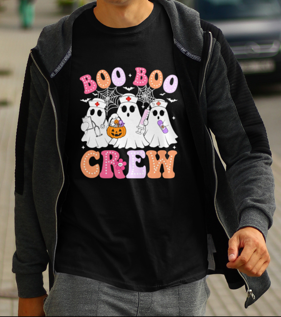 Boo Boo Crew Ghost Nurse Halloween Spooky Pumpkins And Webs T-Shirt