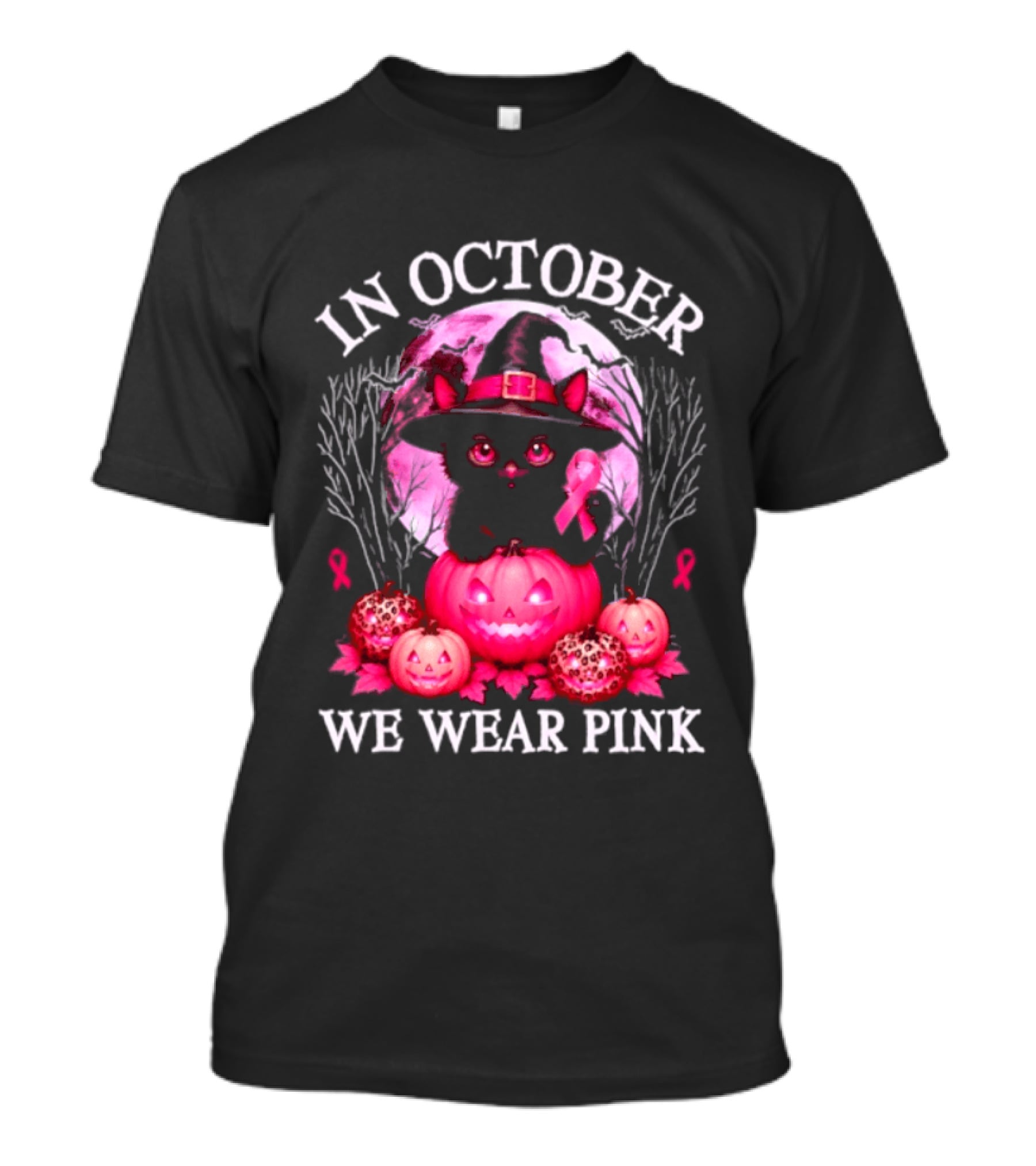 In October We Wear Pink Cat Witch Breast Cancer Awareness Halloween T-Shirt
