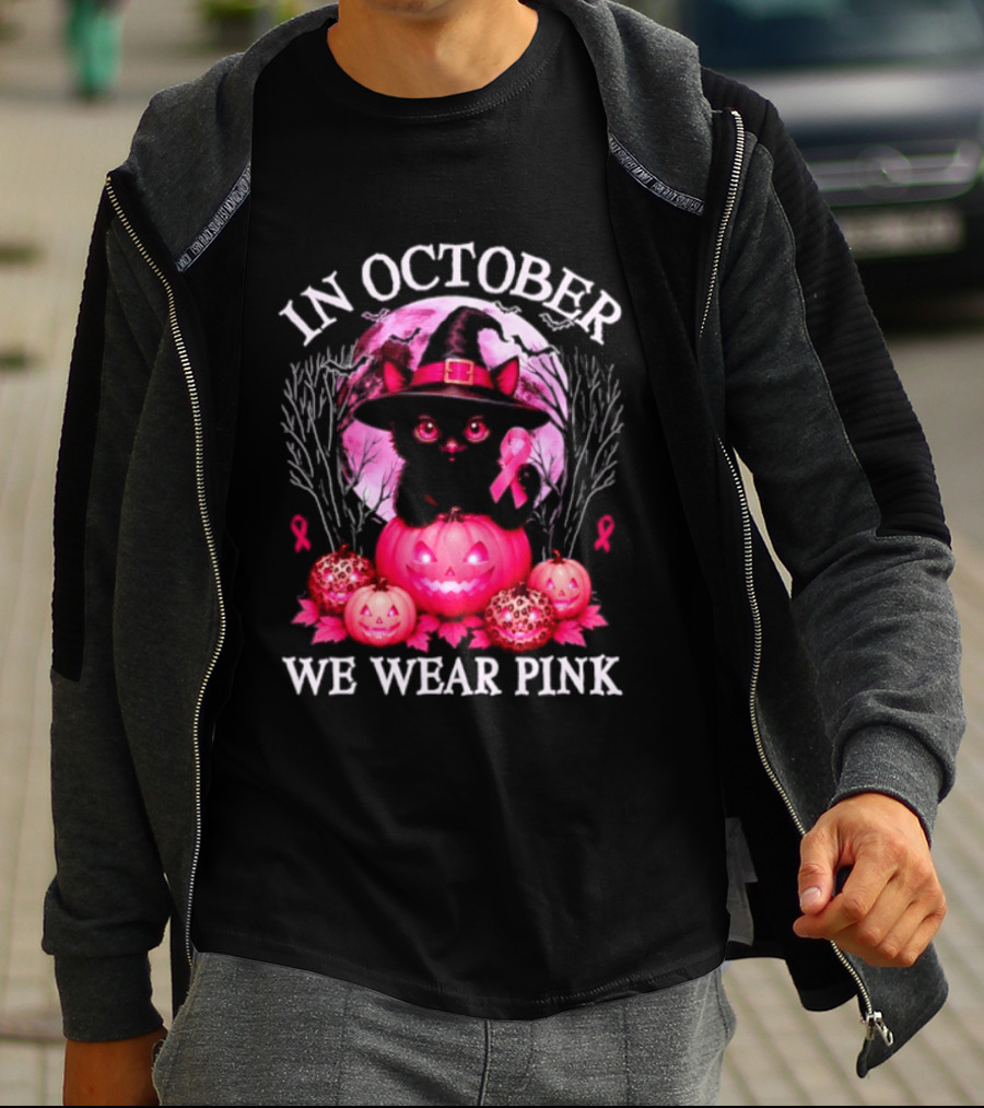 In October We Wear Pink Cat Witch Breast Cancer Awareness Halloween T-Shirt