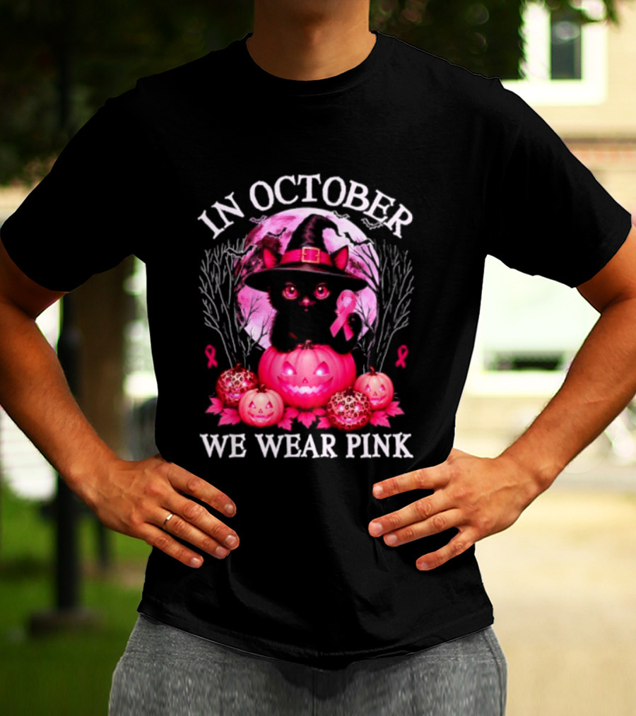 In October We Wear Pink Cat Witch Breast Cancer Awareness Halloween T-Shirt