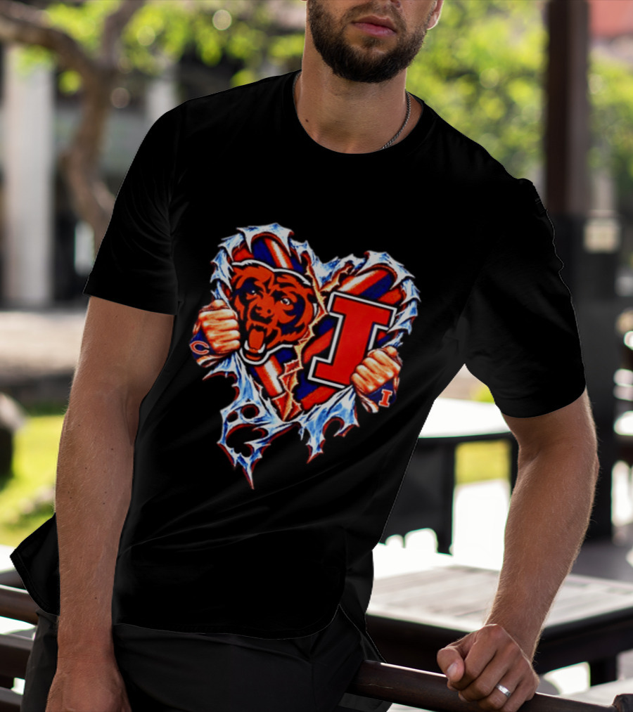 Chicago Bears Illinois Fighting Illini Heart Ripped Chest Mashup T-Shirt