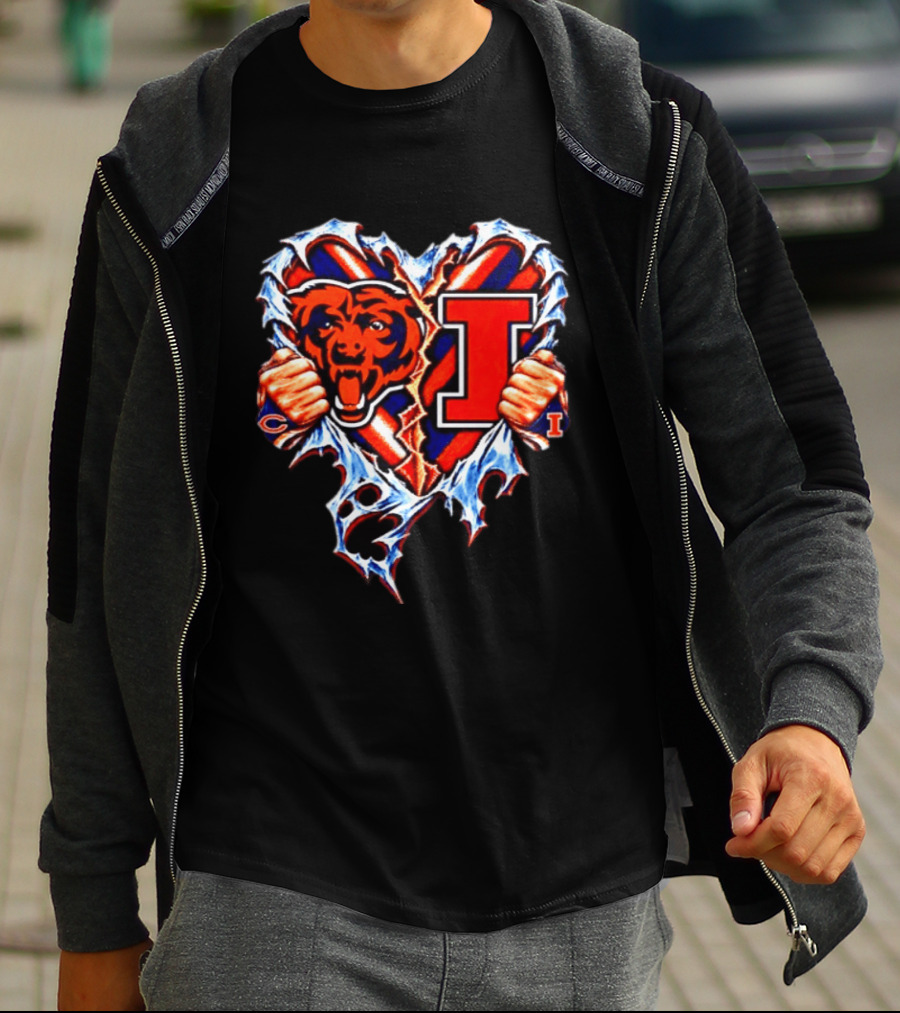 Chicago Bears Illinois Fighting Illini Heart Ripped Chest Mashup T-Shirt