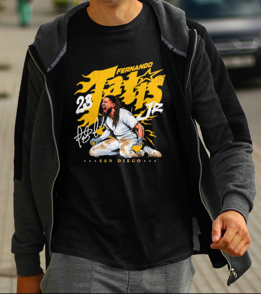 Fernando Tatis Jr 23 San Diego Padres Scream Slide Signature T-Shirt