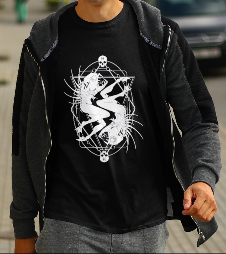 Half Woman Half Fish Skeleton Symmetry With Skulls T-Shirt