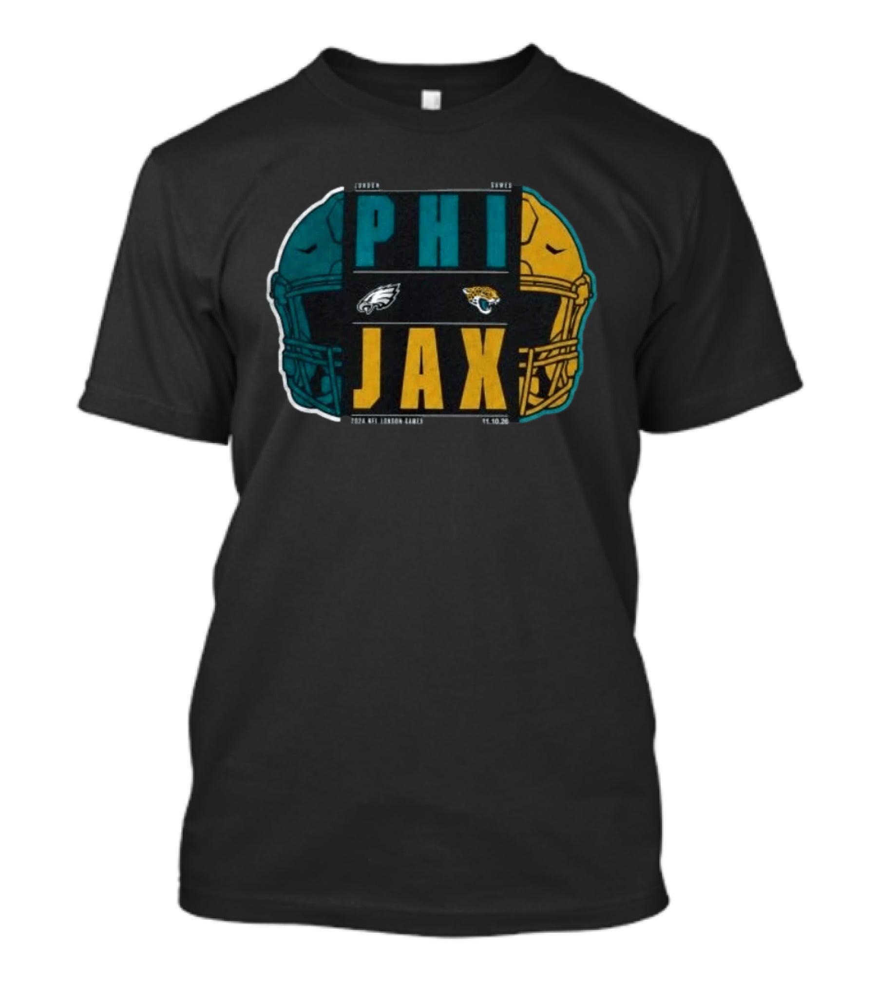 Jacksonville Jaguars Vs Philadelphia Eagles 2026 London Game International City Matchup Football Helmets Logos T-Shirt