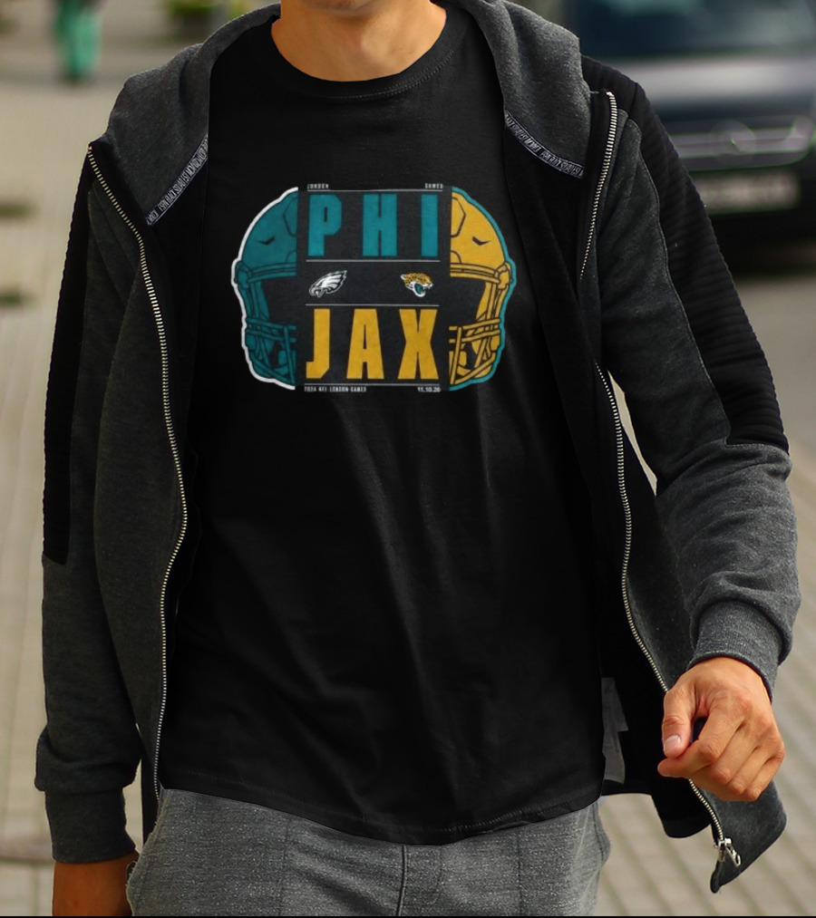 Jacksonville Jaguars Vs Philadelphia Eagles 2026 London Game International City Matchup Football Helmets Logos T-Shirt