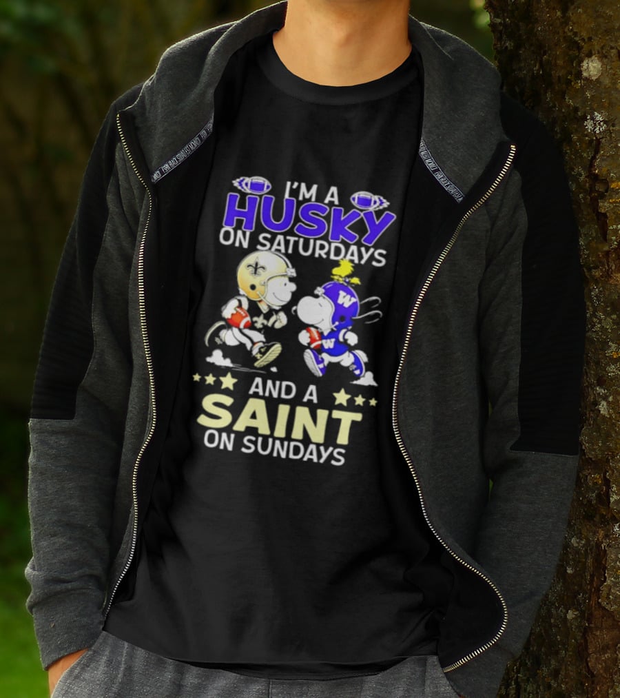 Peanuts I'm A Husky On Saturdays And A Saint On Sundays Football Charlie Brown Snoopy T-Shirt