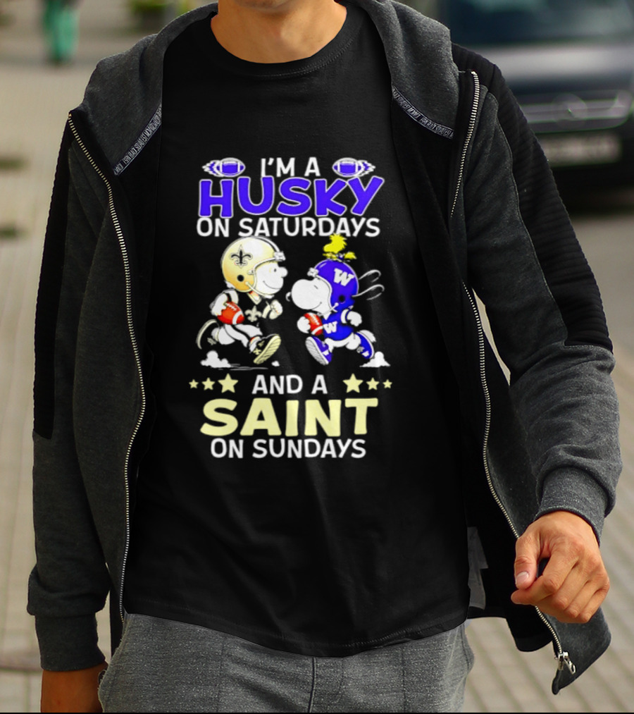 Peanuts I'm A Husky On Saturdays And A Saint On Sundays Football Charlie Brown Snoopy T-Shirt