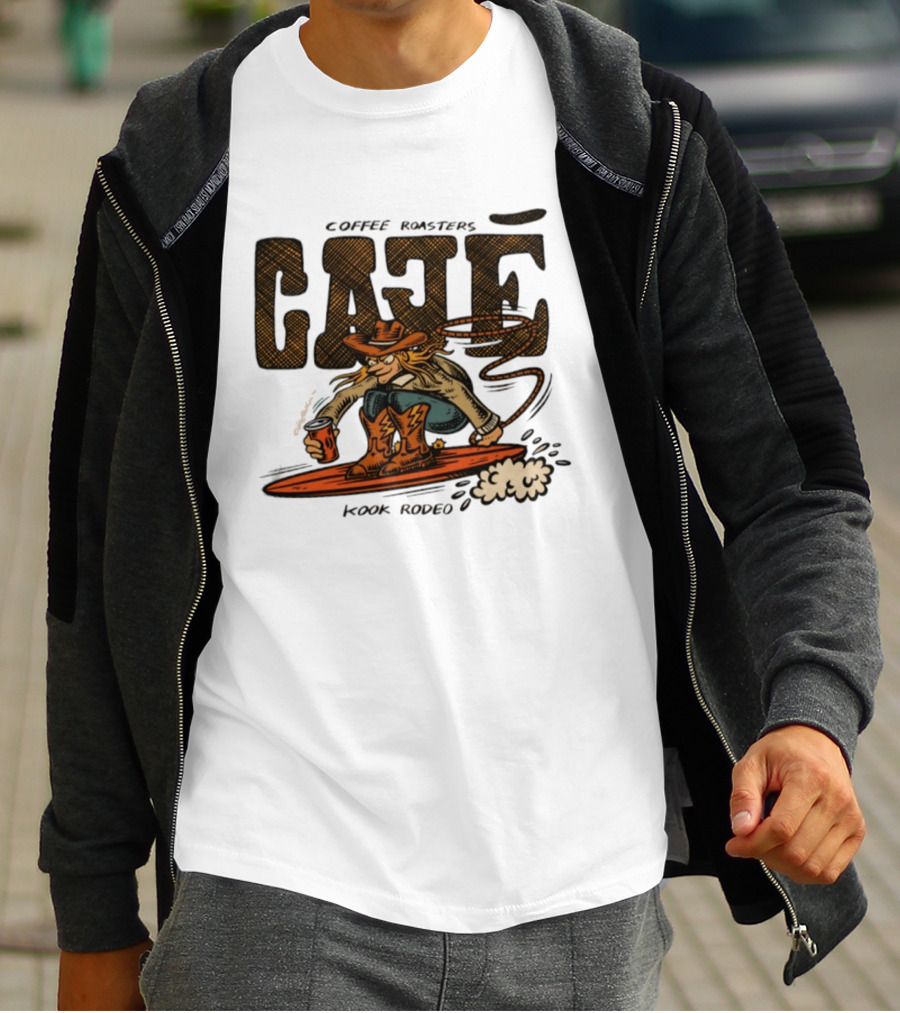 Cowboy Cafe Coffee Roaster Kook Rodeo Surfing Cowboy T-Shirt