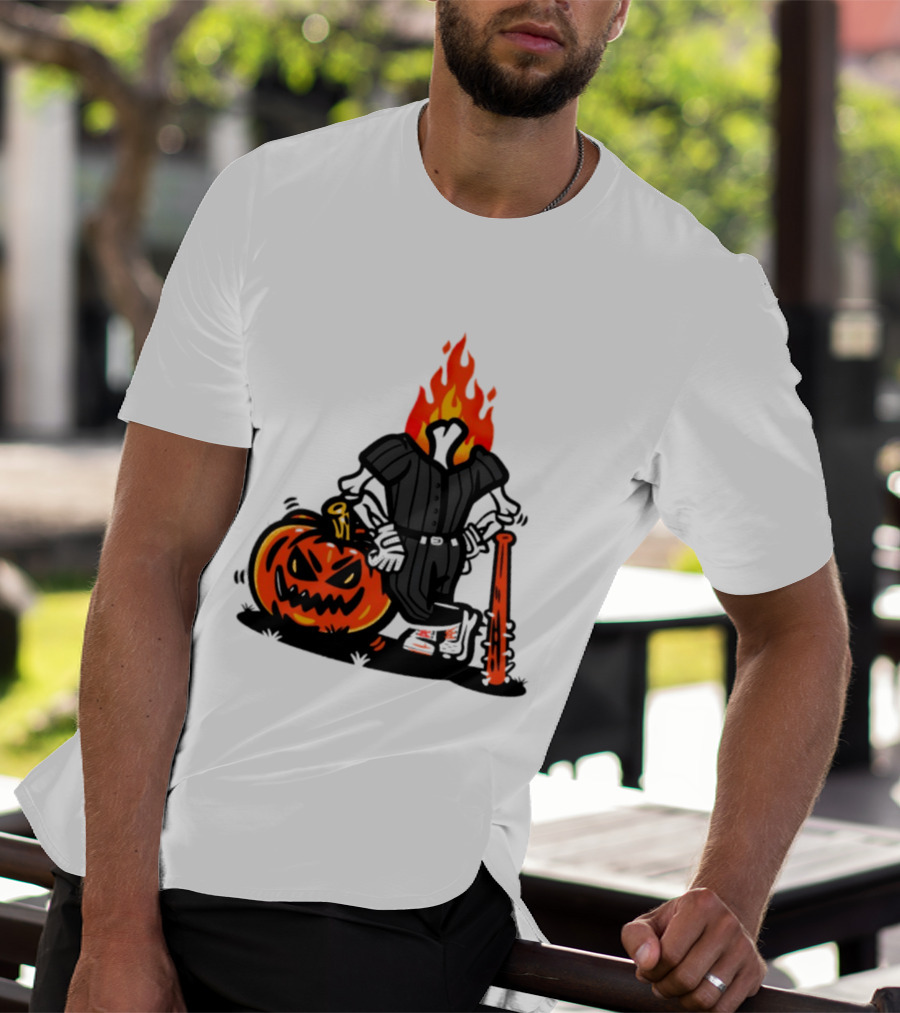 Flaming Pumpkin Head Baseball Player 2026 Halloween T-Shirt