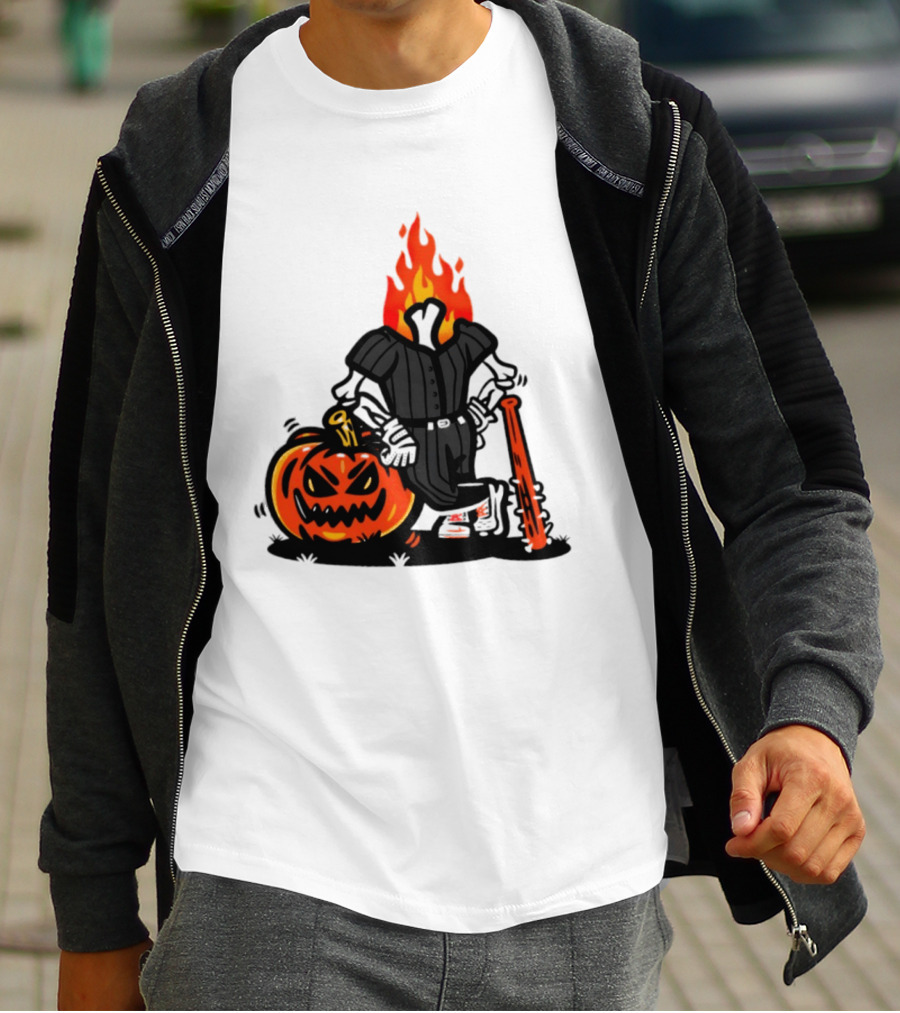 Flaming Pumpkin Head Baseball Player 2026 Halloween T-Shirt