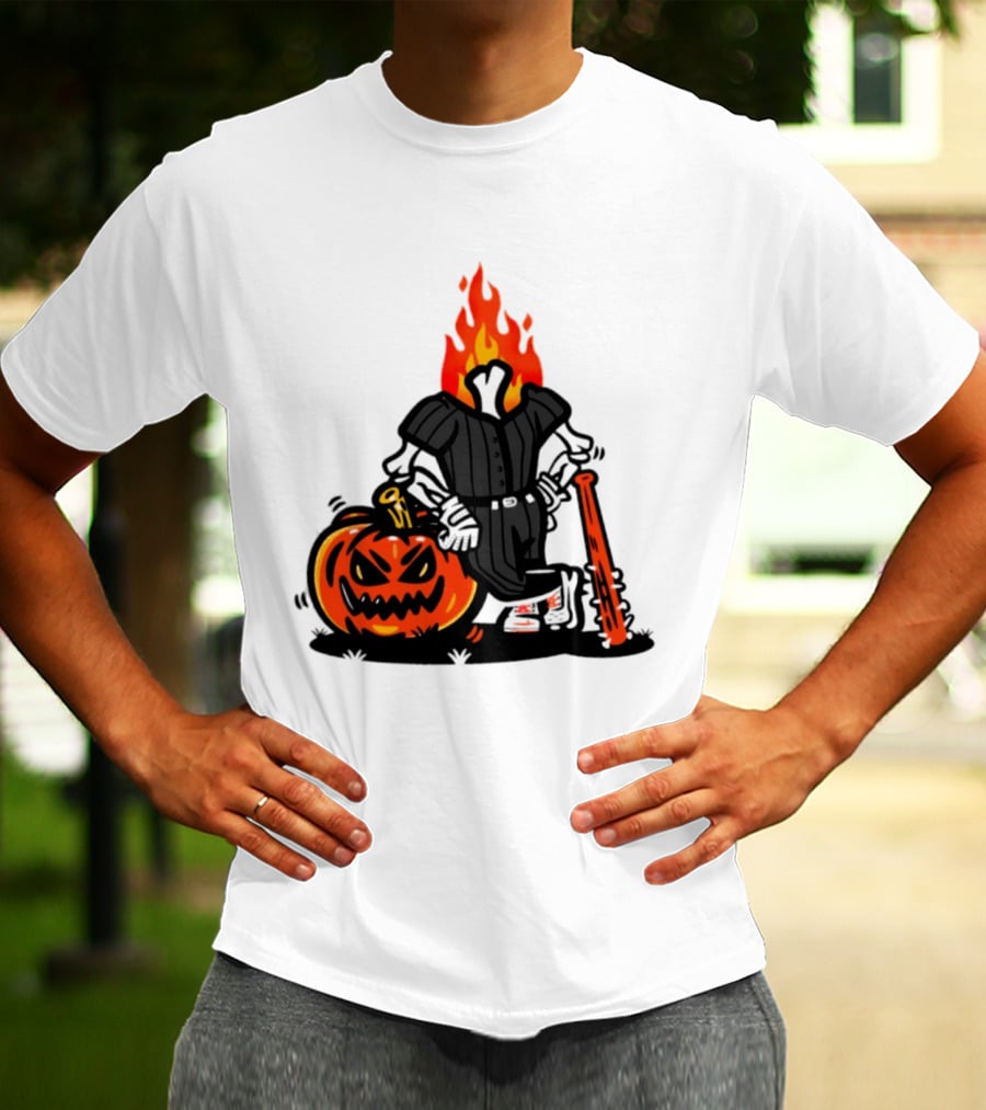Flaming Pumpkin Head Baseball Player 2026 Halloween T-Shirt