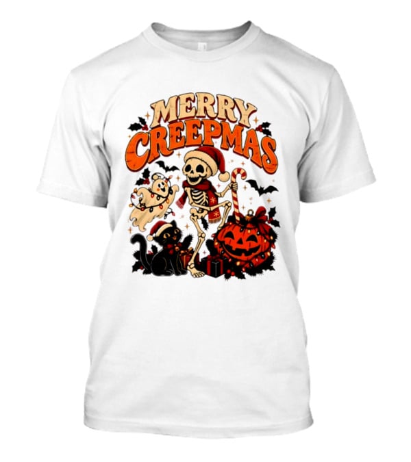 Merry Creepmas Skeleton Ghost Black Cat Pumpkin Holiday Scene T-Shirt