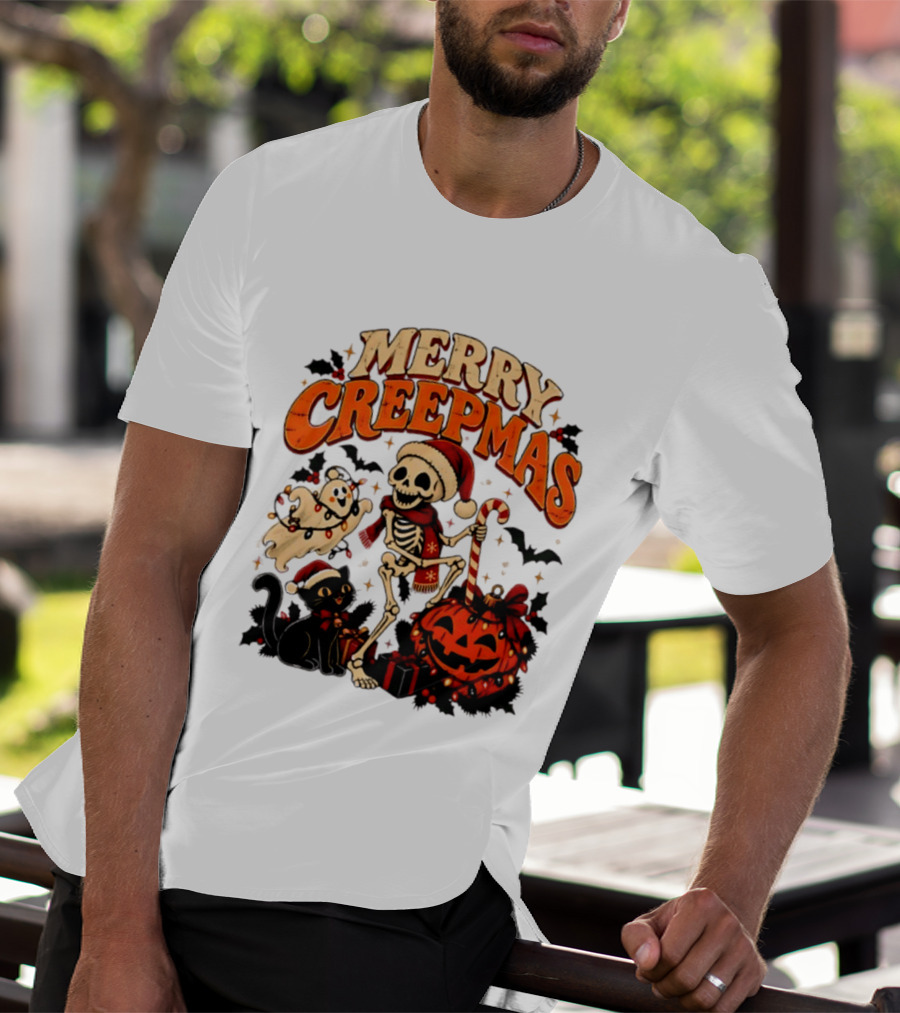 Merry Creepmas Skeleton Ghost Black Cat Pumpkin Holiday Scene T-Shirt