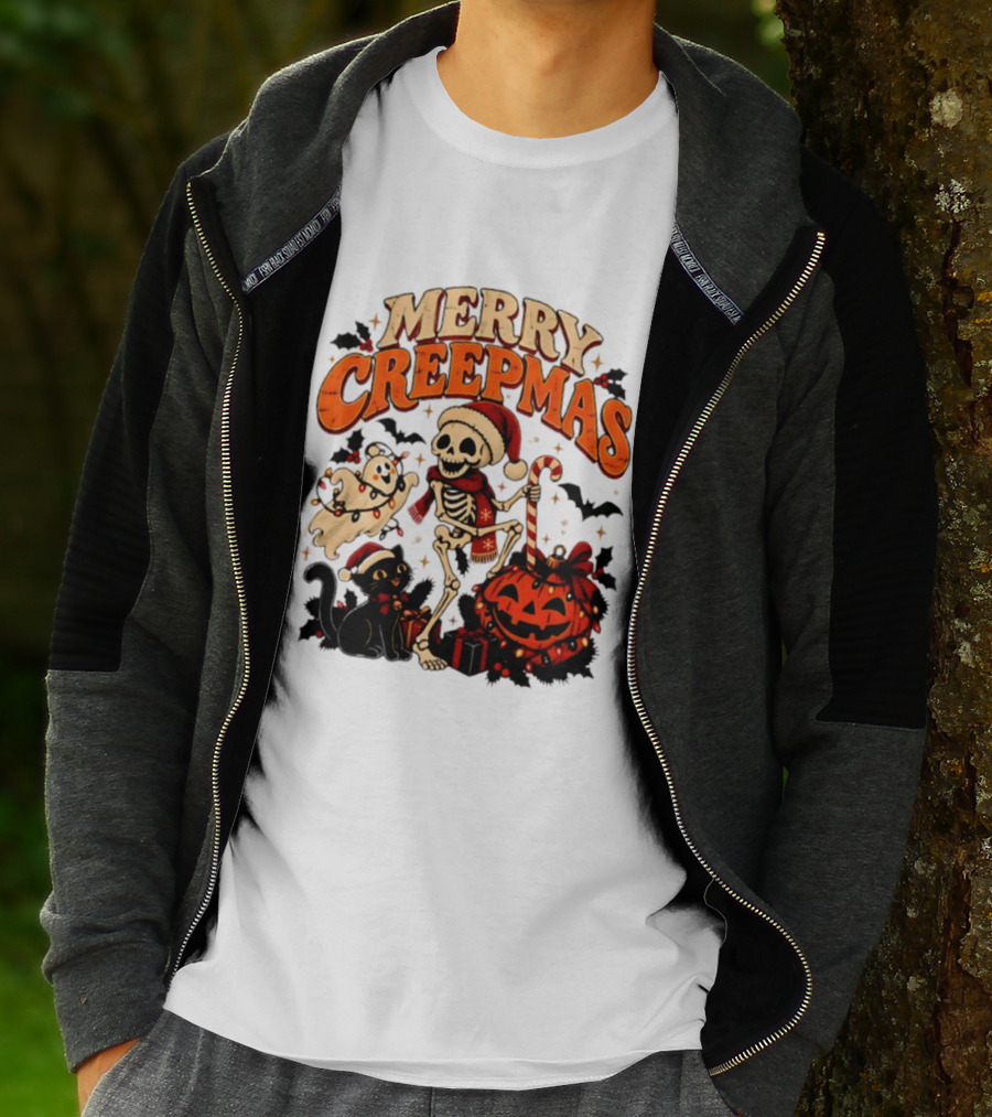 Merry Creepmas Skeleton Ghost Black Cat Pumpkin Holiday Scene T-Shirt