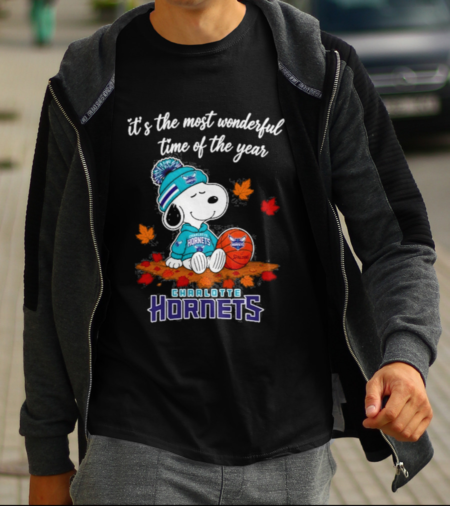 Charlotte Hornets Snoopy Autumn Football Most Wonderful Time Of The Year T-Shirt