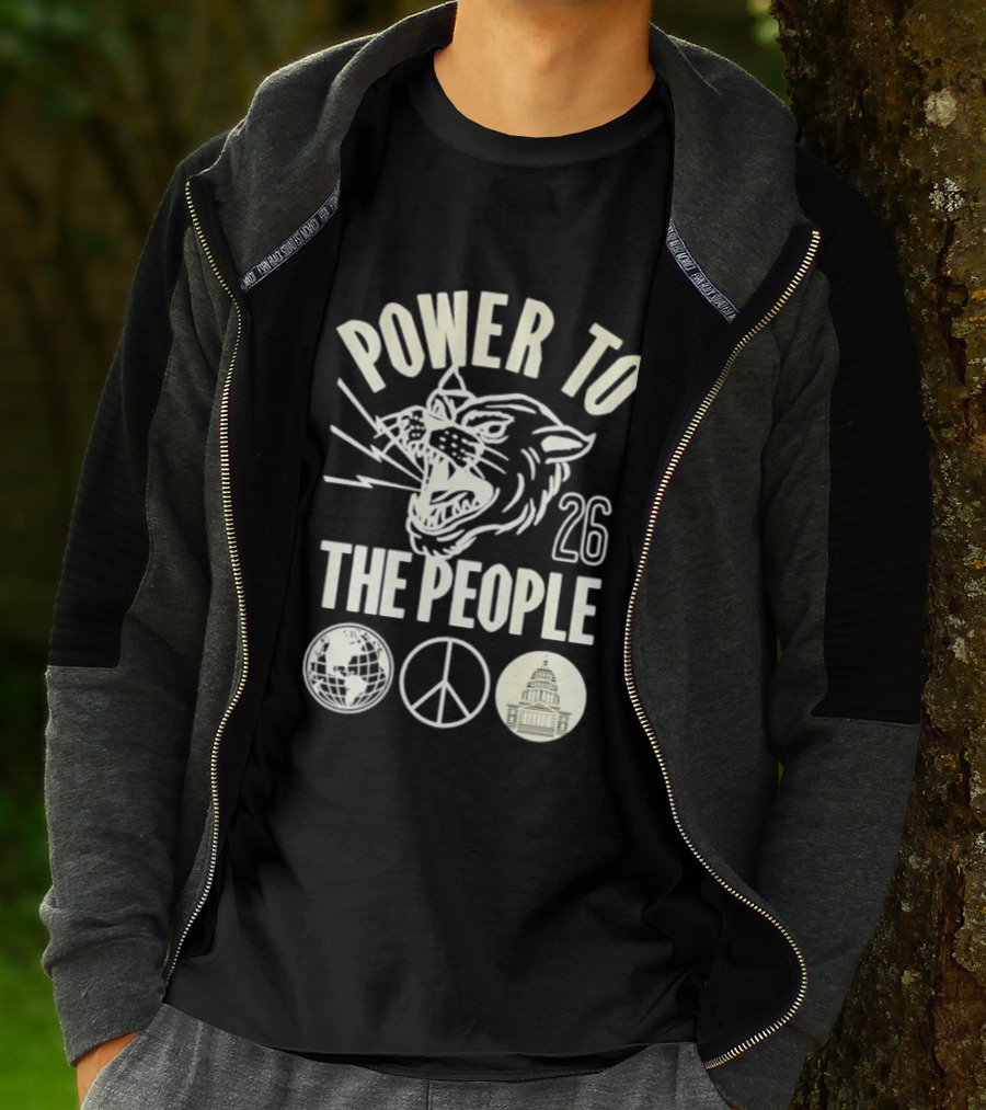 Power To The People 26 Roaring Panther Globe Peace Sign T-Shirt