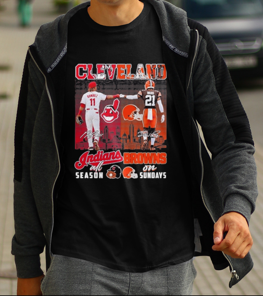 Cleveland José Ramírez Fist Bump Denzel Ward Indians All Season Browns On Sundays City Skyline T-Shirt