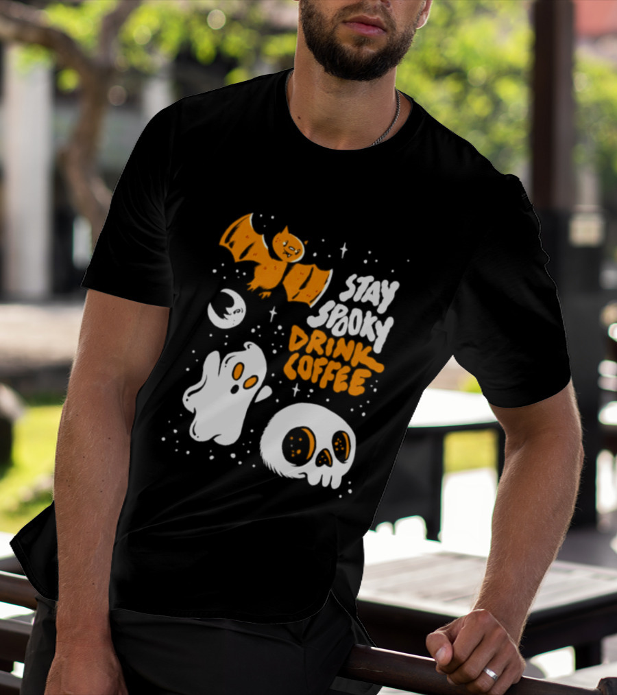 Stay Spooky Drink Coffee Halloween Ghost With Bat Skull And Moon T-Shirt