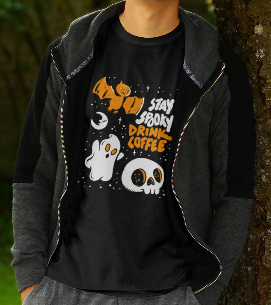 Stay Spooky Drink Coffee Halloween Ghost With Bat Skull And Moon T-Shirt