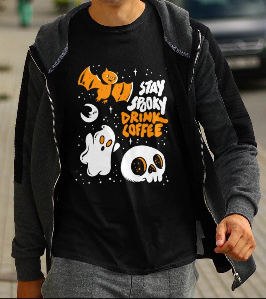 Stay Spooky Drink Coffee Halloween Ghost With Bat Skull And Moon T-Shirt