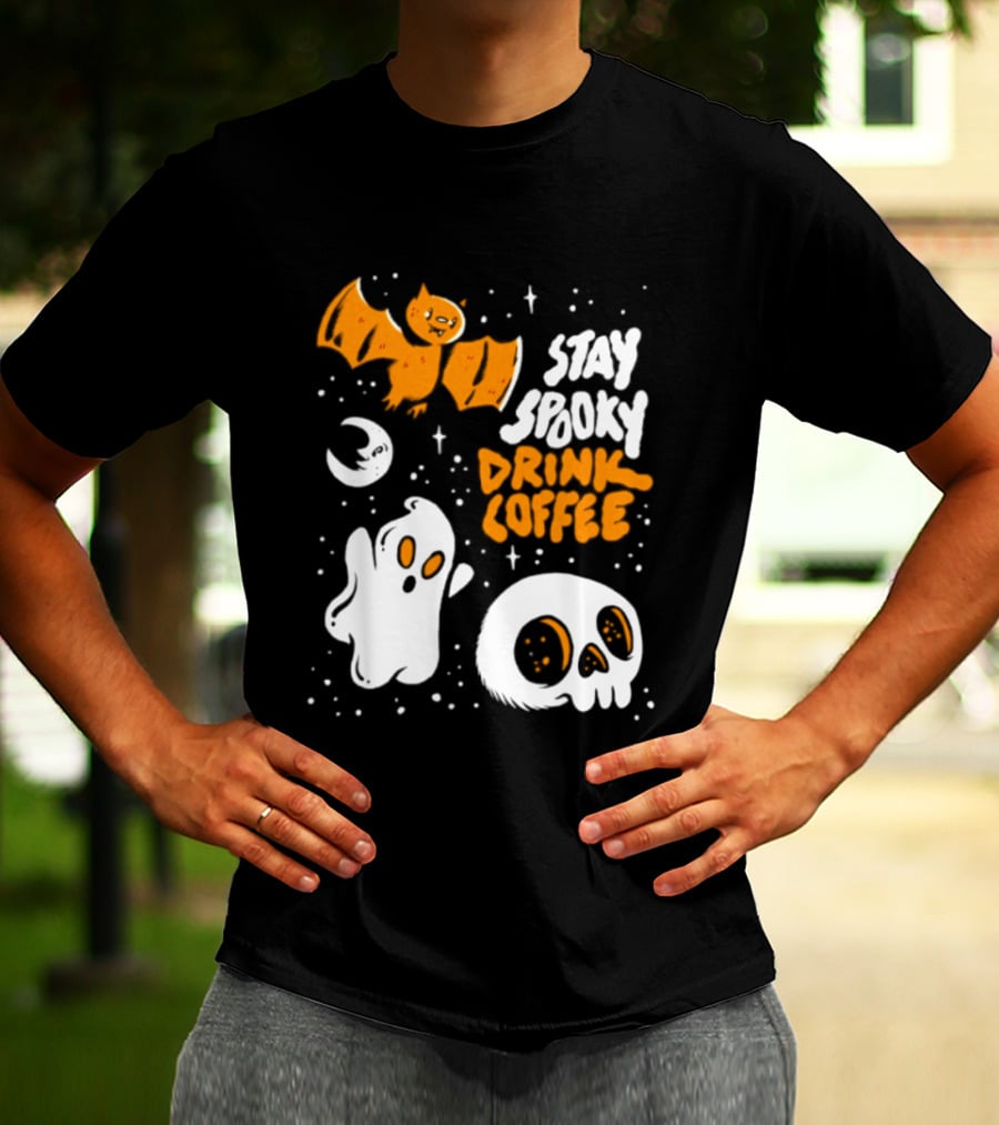 Stay Spooky Drink Coffee Halloween Ghost With Bat Skull And Moon T-Shirt