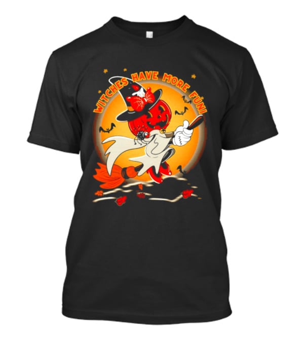 Witches Have More Fun Pumpkin Witch Riding Broomstick Halloween Magic T-Shirt