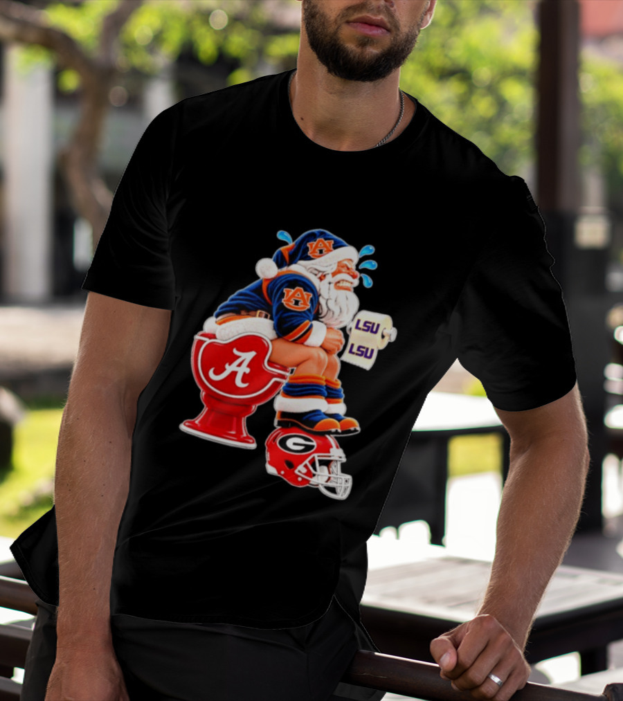 Auburn Santa On Alabama Crimson Tide Toilet With LSU Paper Georgia Bulldogs Helmet Football Humor T-Shirt