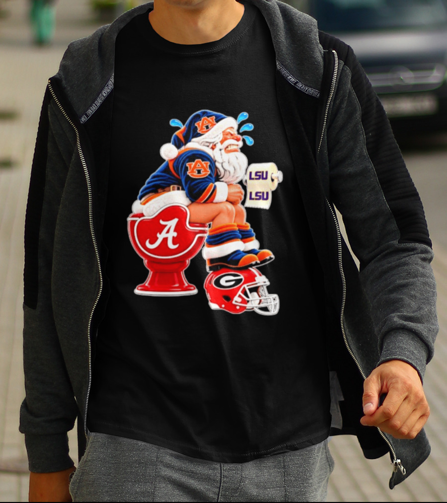 Auburn Santa On Alabama Crimson Tide Toilet With LSU Paper Georgia Bulldogs Helmet Football Humor T-Shirt