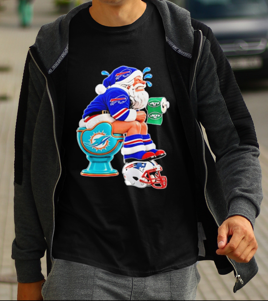 Buffalo Bills Santa On Miami Dolphins Toilet With NY Jets Paper And Patriots Helmet T-Shirt