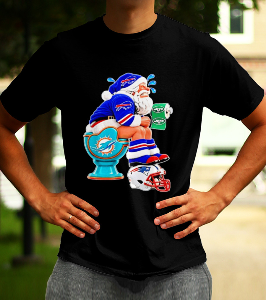 Buffalo Bills Santa On Miami Dolphins Toilet With NY Jets Paper And Patriots Helmet T-Shirt