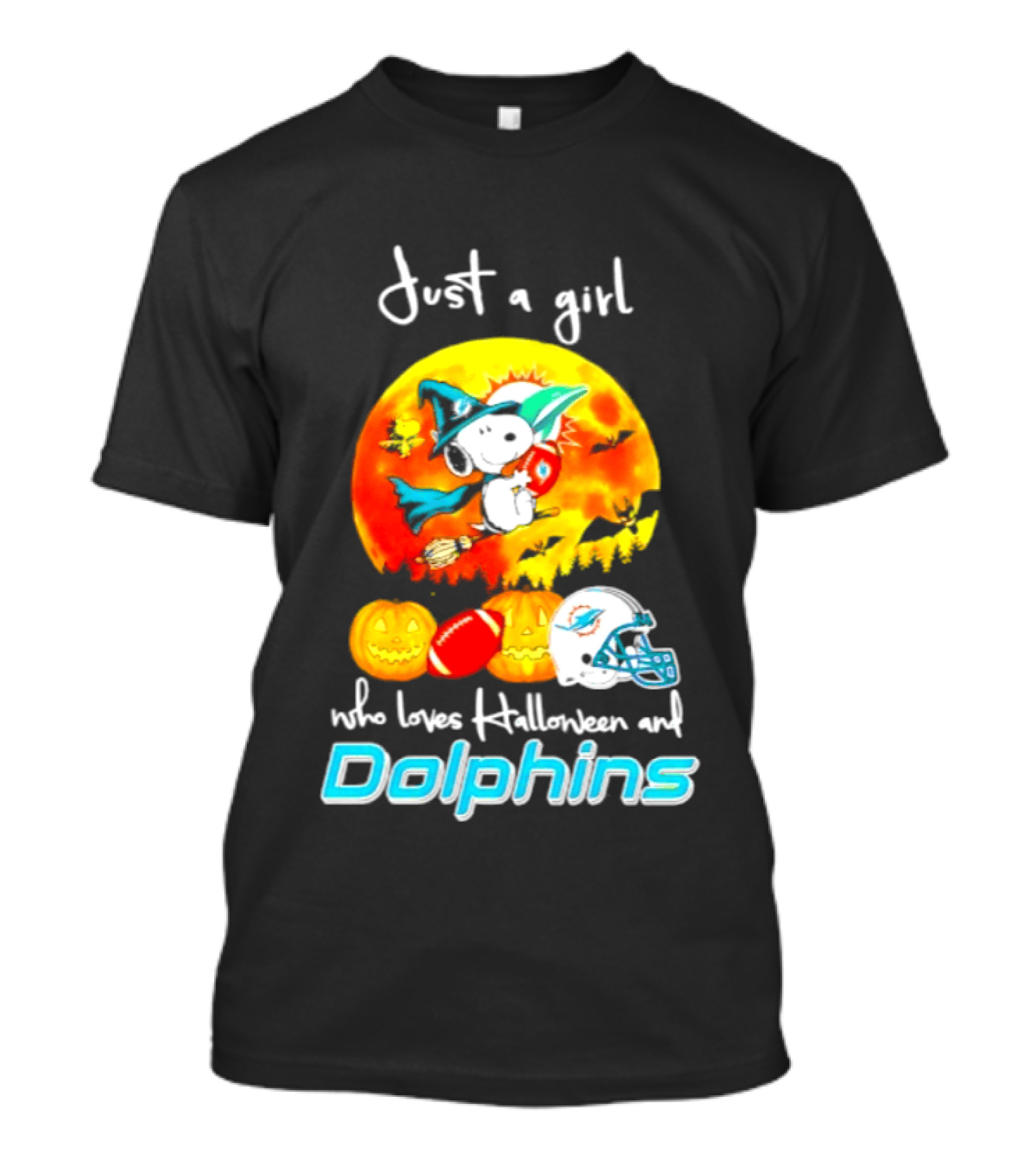 Just A Girl Who Loves Halloween And Miami Dolphins Snoopy Woodstock Pumpkin Football T-Shirt