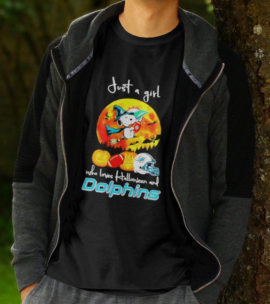 Just A Girl Who Loves Halloween And Miami Dolphins Snoopy Woodstock Pumpkin Football T-Shirt