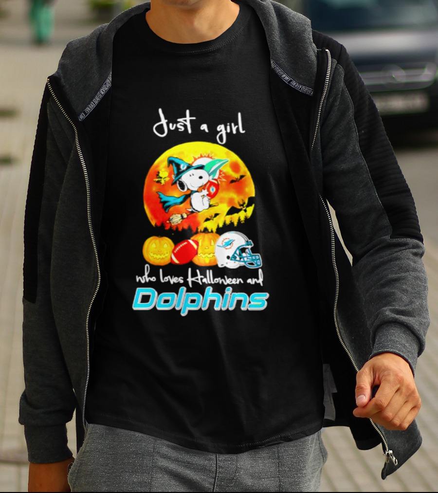 Just A Girl Who Loves Halloween And Miami Dolphins Snoopy Woodstock Pumpkin Football T-Shirt