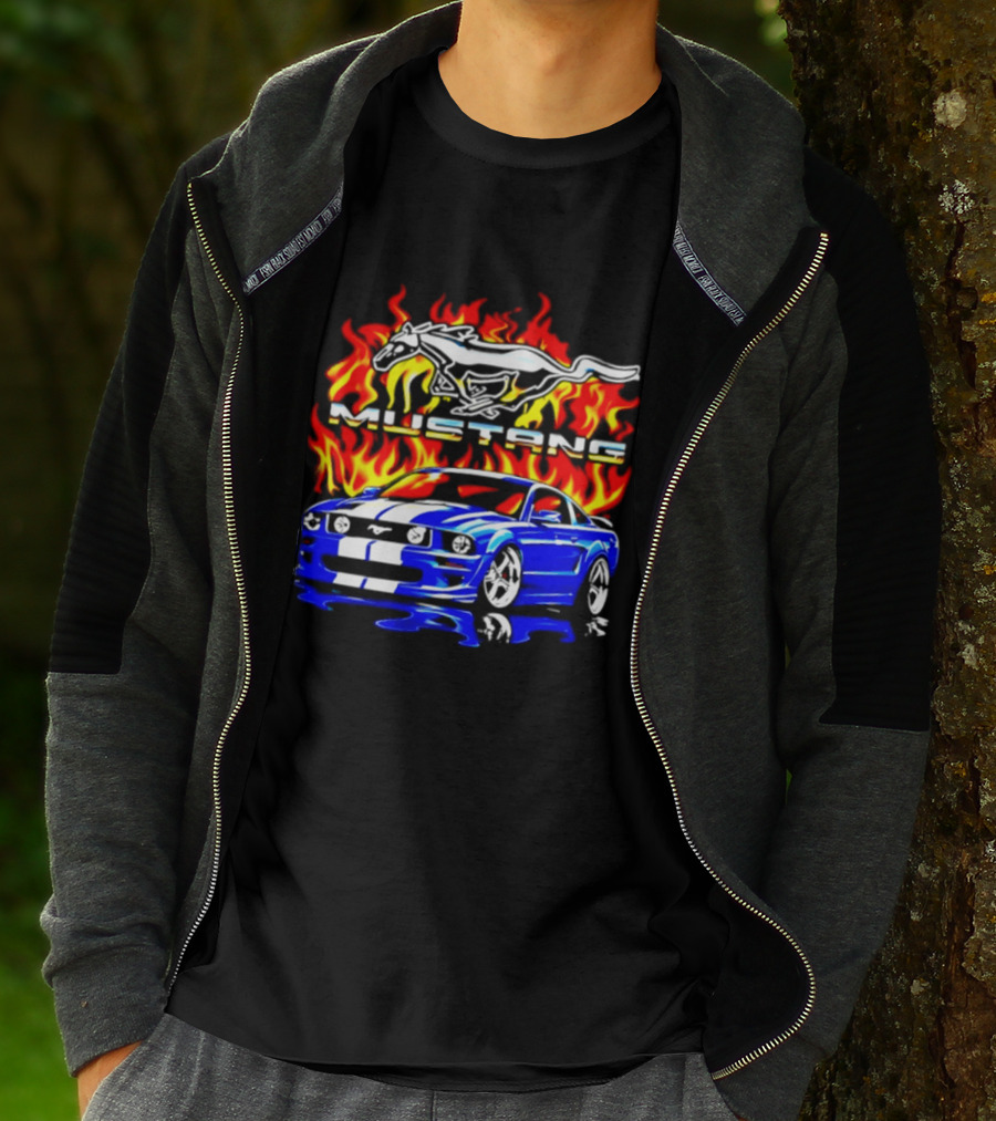 Mustang Blue Car With Flaming Horse And Fire T-Shirt